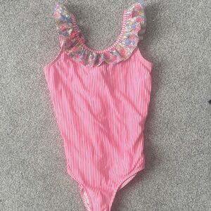 Pink Striped Ruffle Swimsuit mini boden